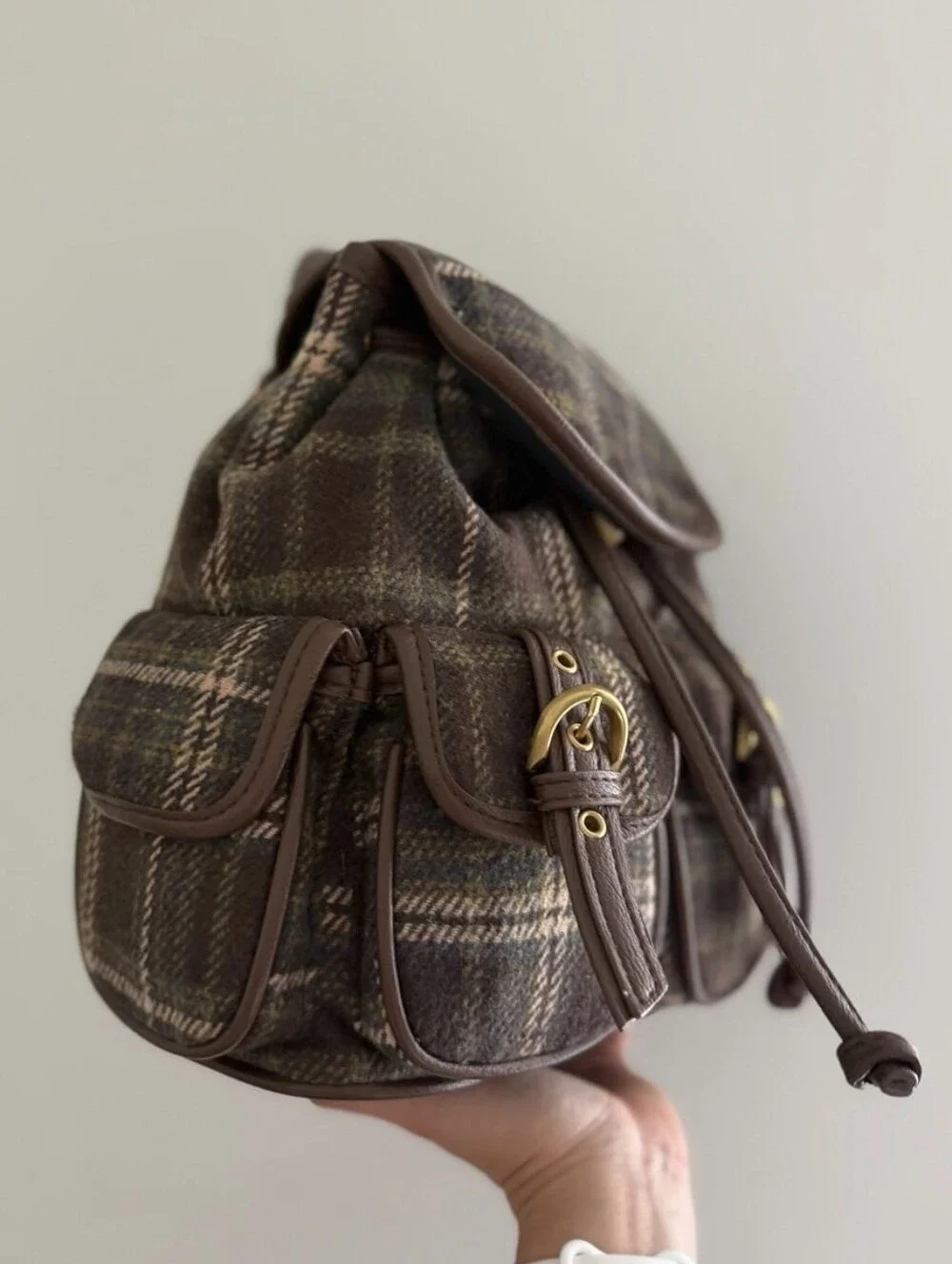 Madden Girl Brown Plaid Mini Backpack with Gold Hardware
